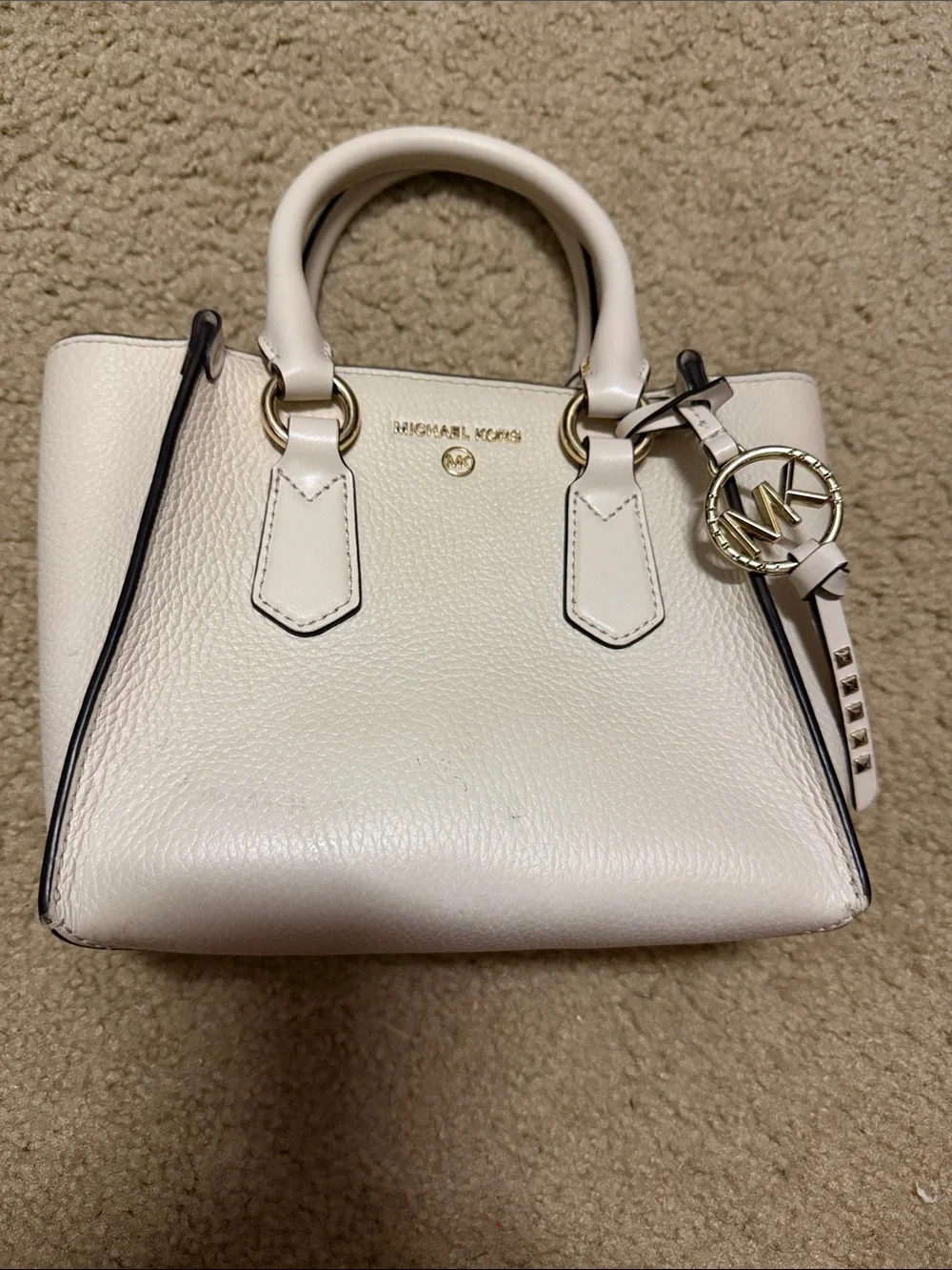 Michael Kors Cream Leather Mini Satchel with Gold MK Charm